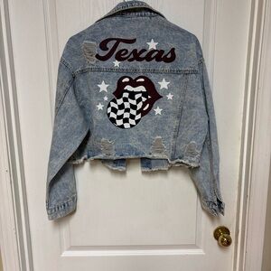 Rivalry Runway Light Blue Denim Crop Distressed Jacket in Aggies colors